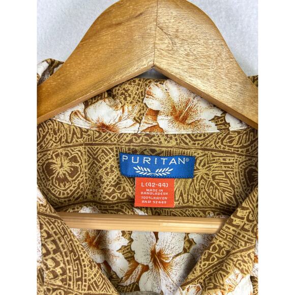 Puritan mens brown white floral Hawaiian size large vacation ￼ - Picture 5 of 8